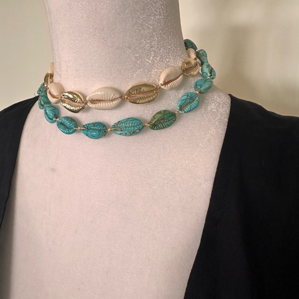 Turquoise and Gold Shell Choker Necklaces